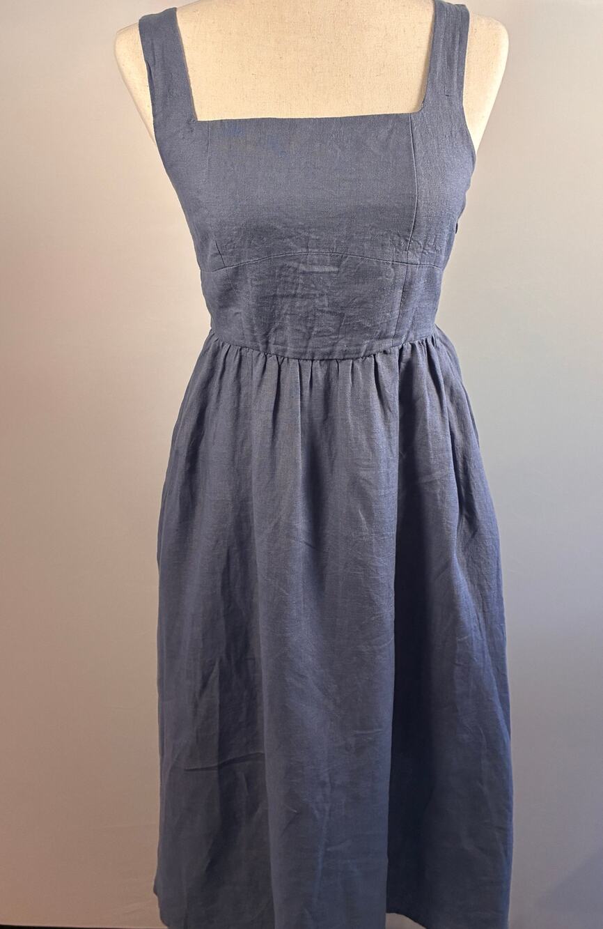 Quince 100% European Linen Square Neck Smocked Back Midi Sundress Slate Blue XS